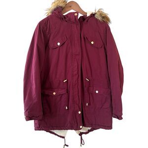 Faux Fur Hooded Womens Jacket Parka Red Size Large Outdoors Winter Glam Preppy